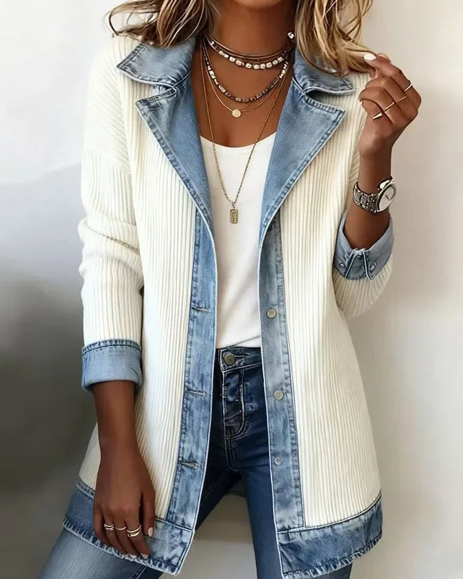 Veste blazer bi-matière denim Inès — Blanc cassé