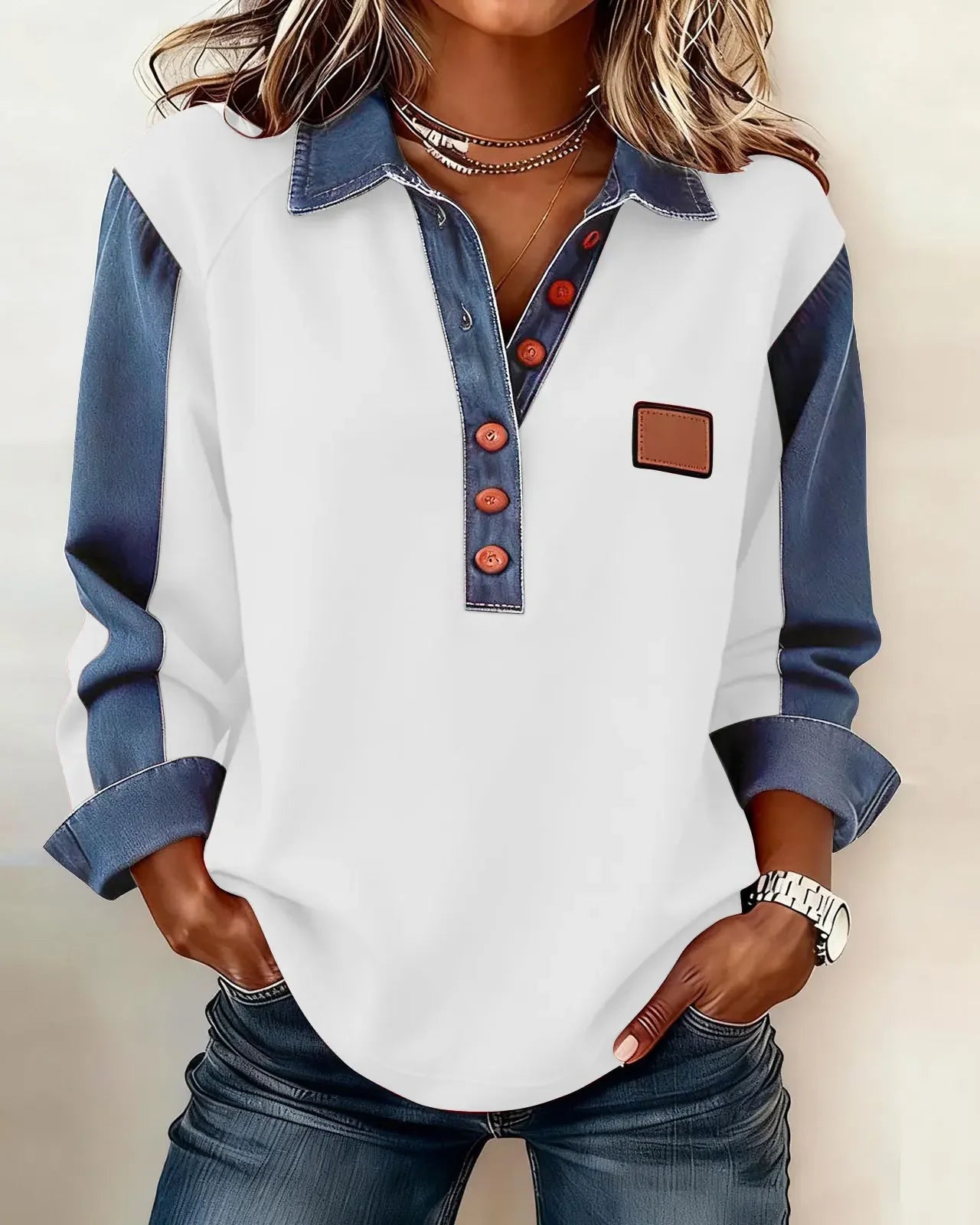 T-shirt manches longues empiècements denim Margot — Blanc
