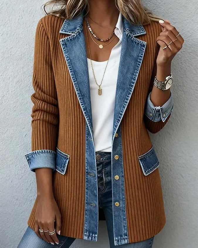 Veste blazer bi-matière denim Inès — Camel
