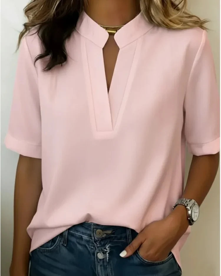 Blouse col V manches courtes Sidonie — Rose poudré