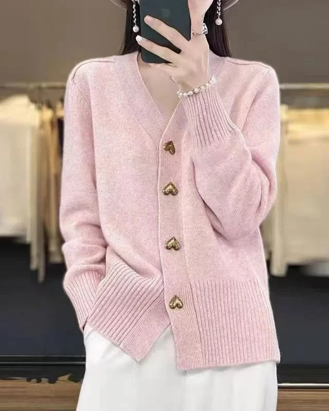 Cardigan col V boutons cœur Blanche — Rose