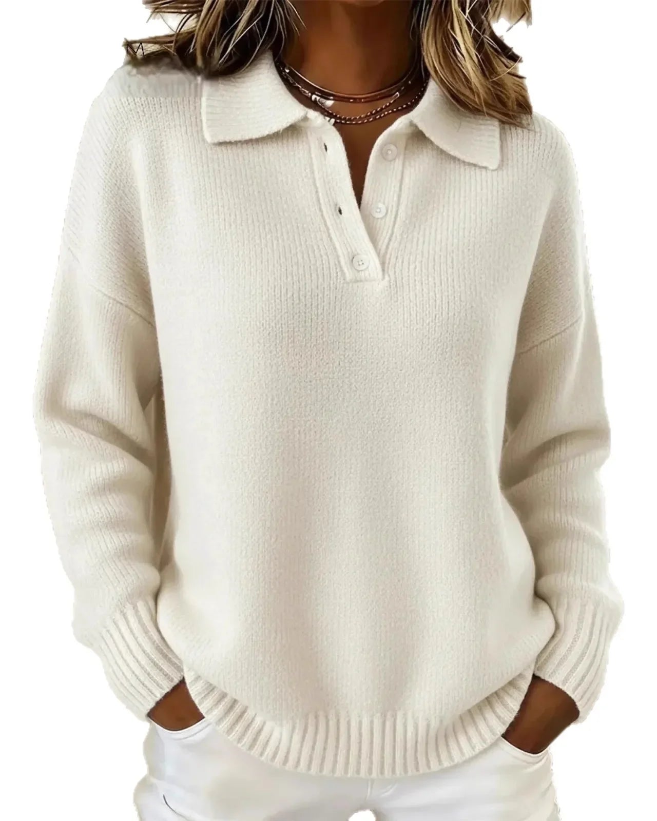 Pull polo en maille Agathe — Blanc cassé
