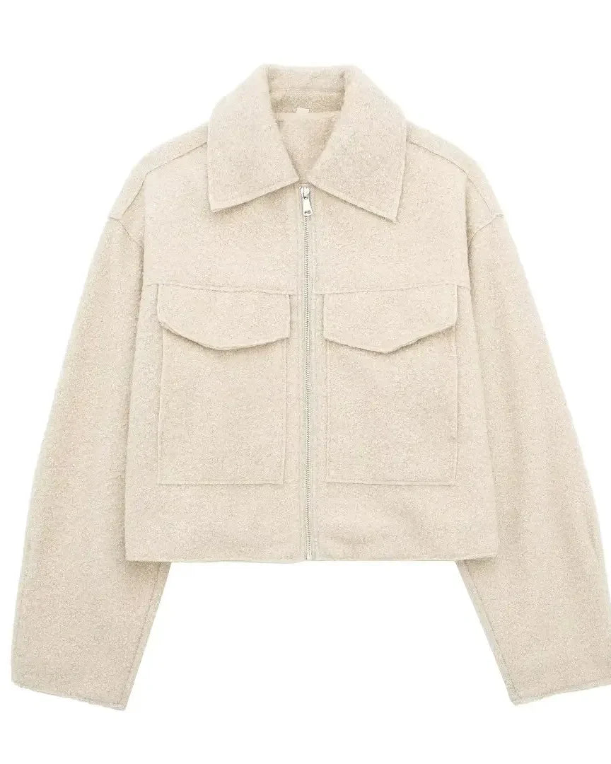 Veste courte en lainage zippée Adèle — Écru
