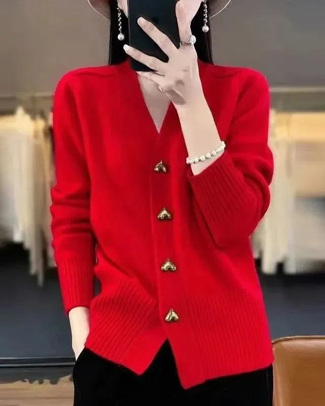 Cardigan col V boutons cœur Blanche — Rouge