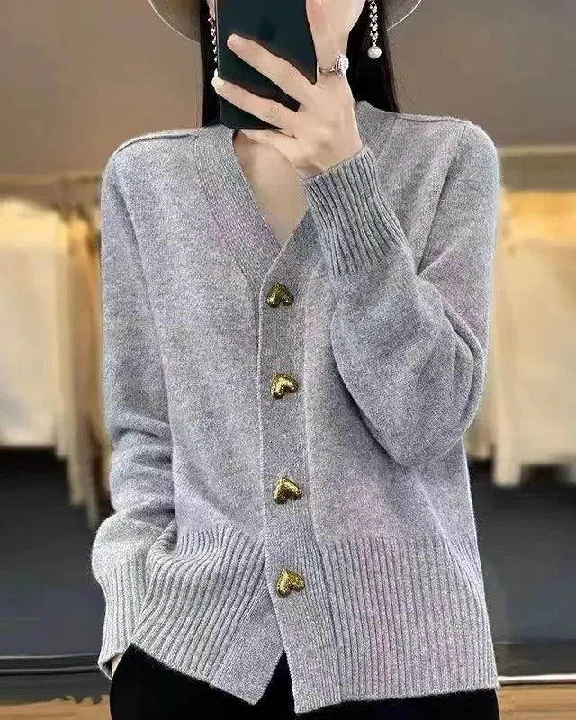 Cardigan col V boutons cœur Blanche — Gris