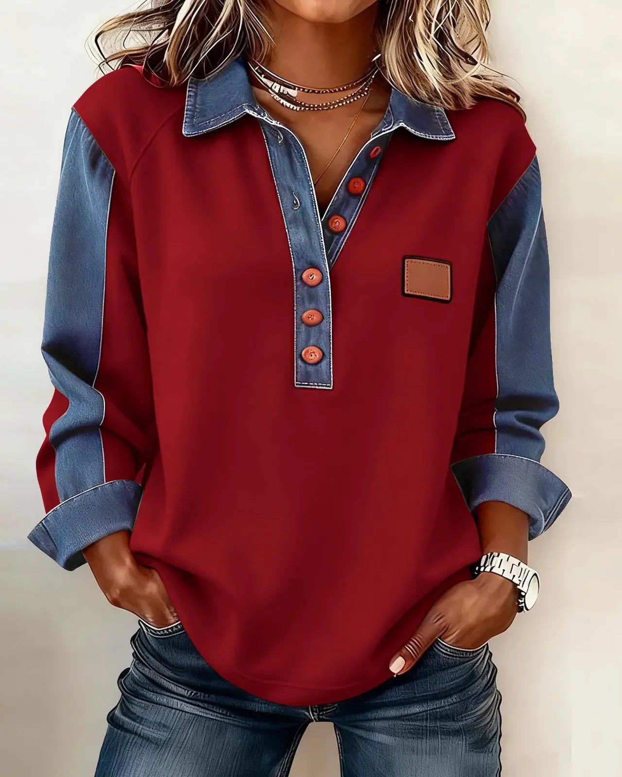 T-shirt manches longues empiècements denim Margot — Bordeaux