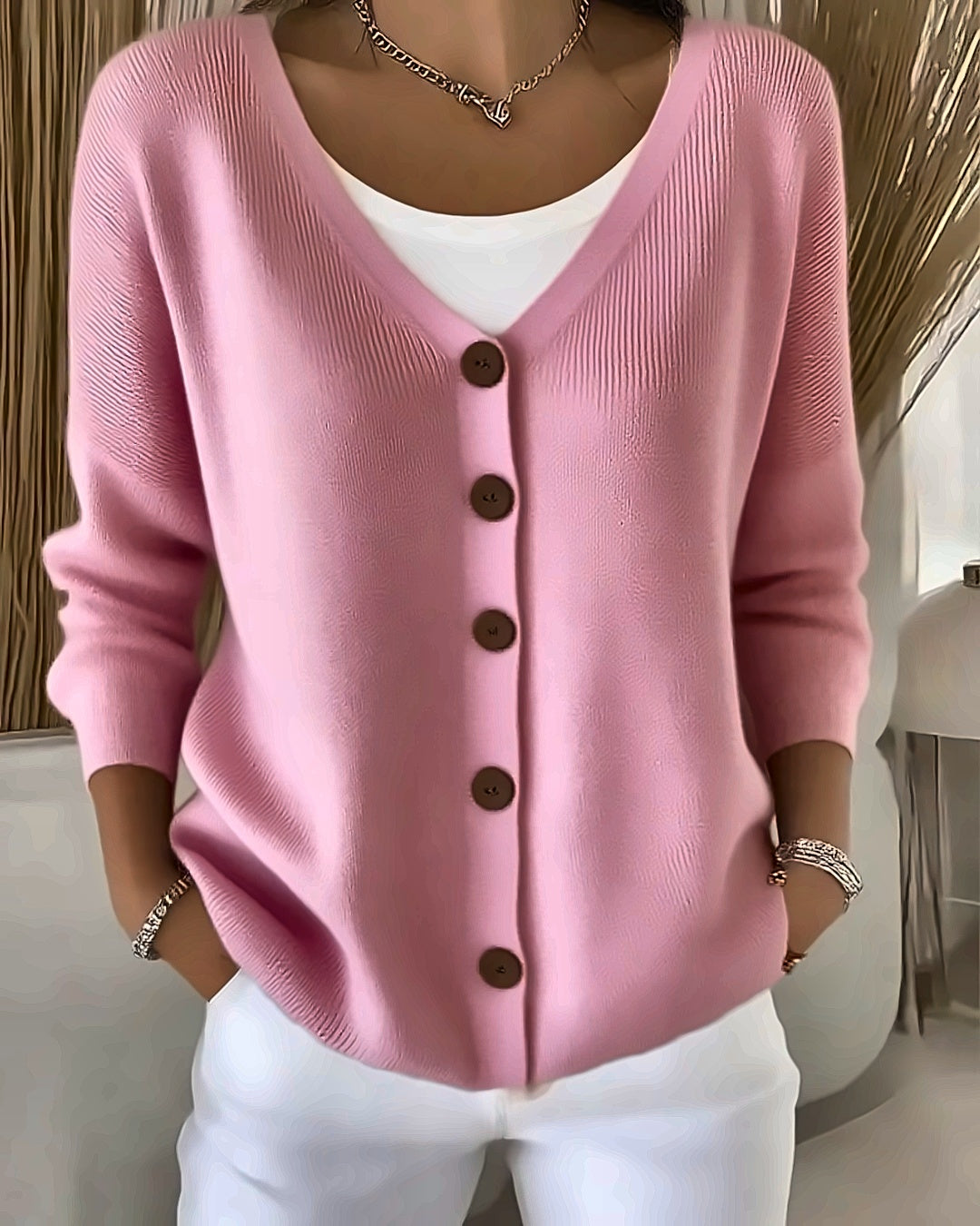 Gilet en maille col V Léa — Rose