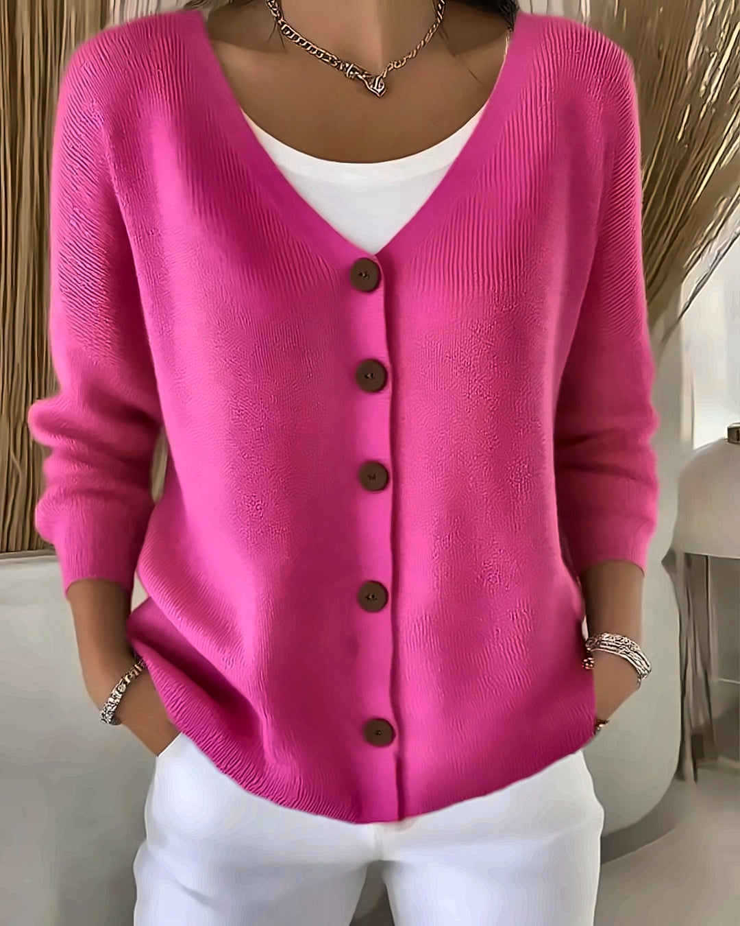Gilet en maille col V Léa — Fuchsia