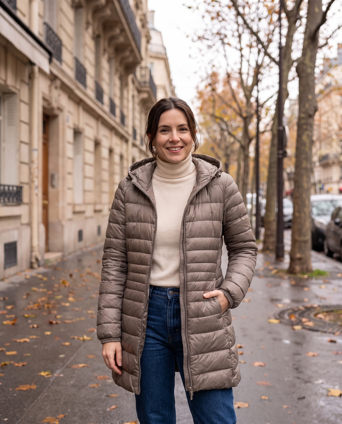 Doudoune légère à capuche Élise — portée, coloris Kaki