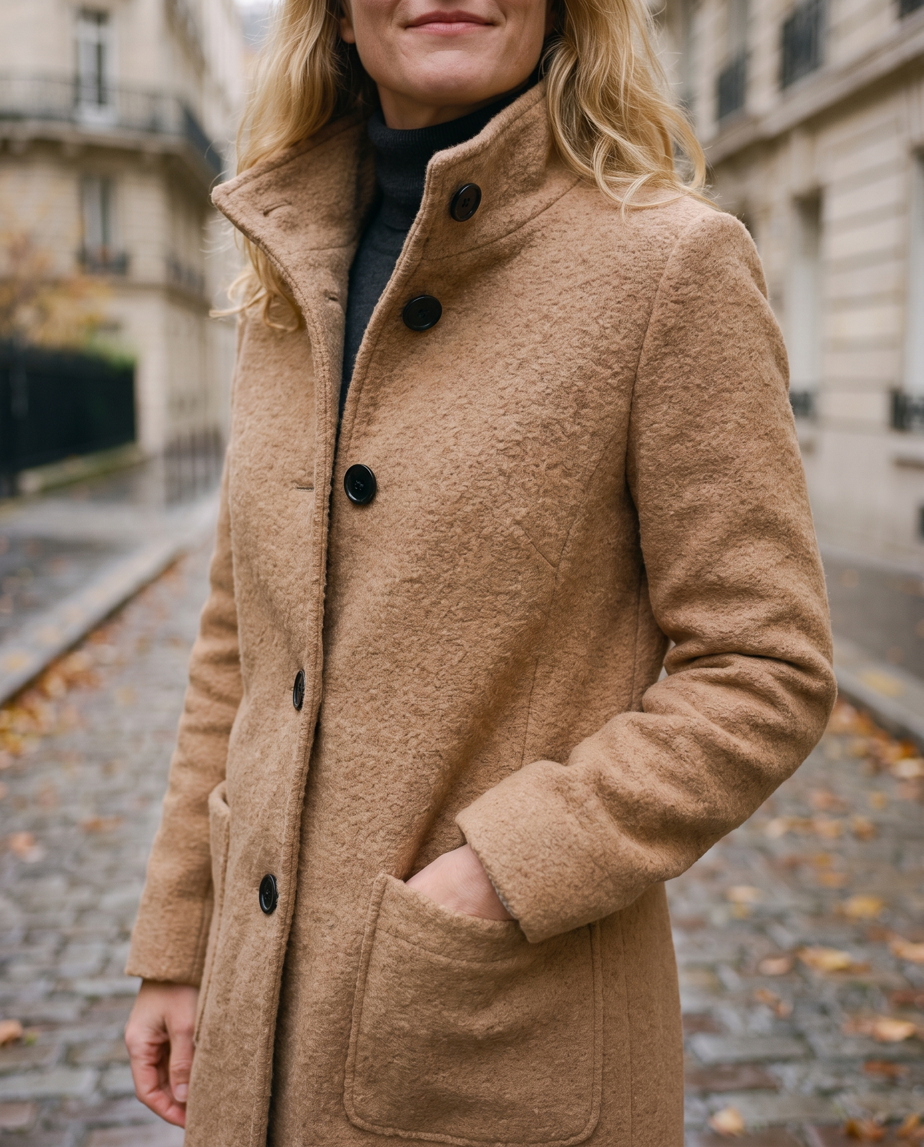Manteau en laine bouclée Constance — détail laine bouclée et boutons