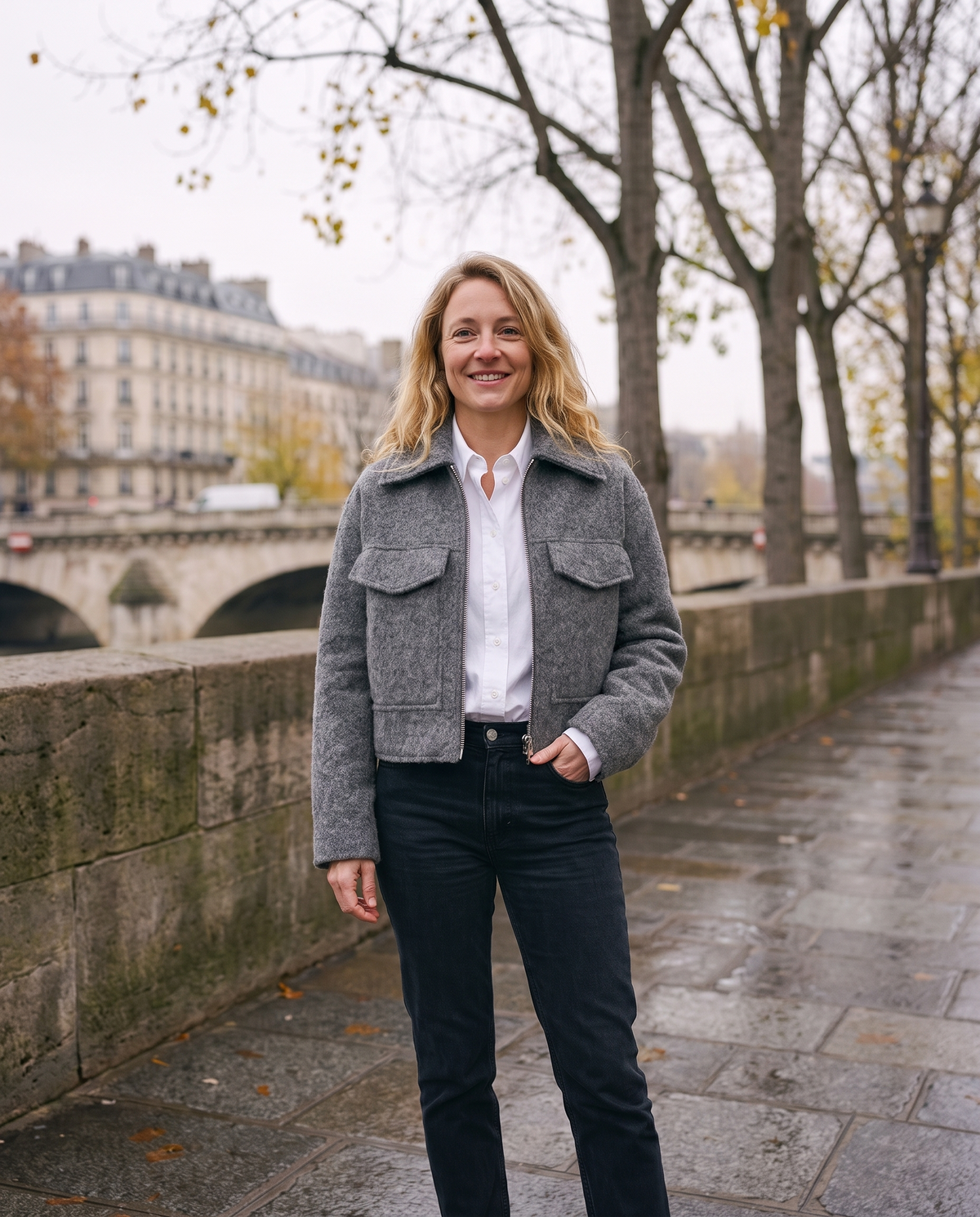 Veste courte en lainage zippée Adèle — portée, coloris Gris chiné