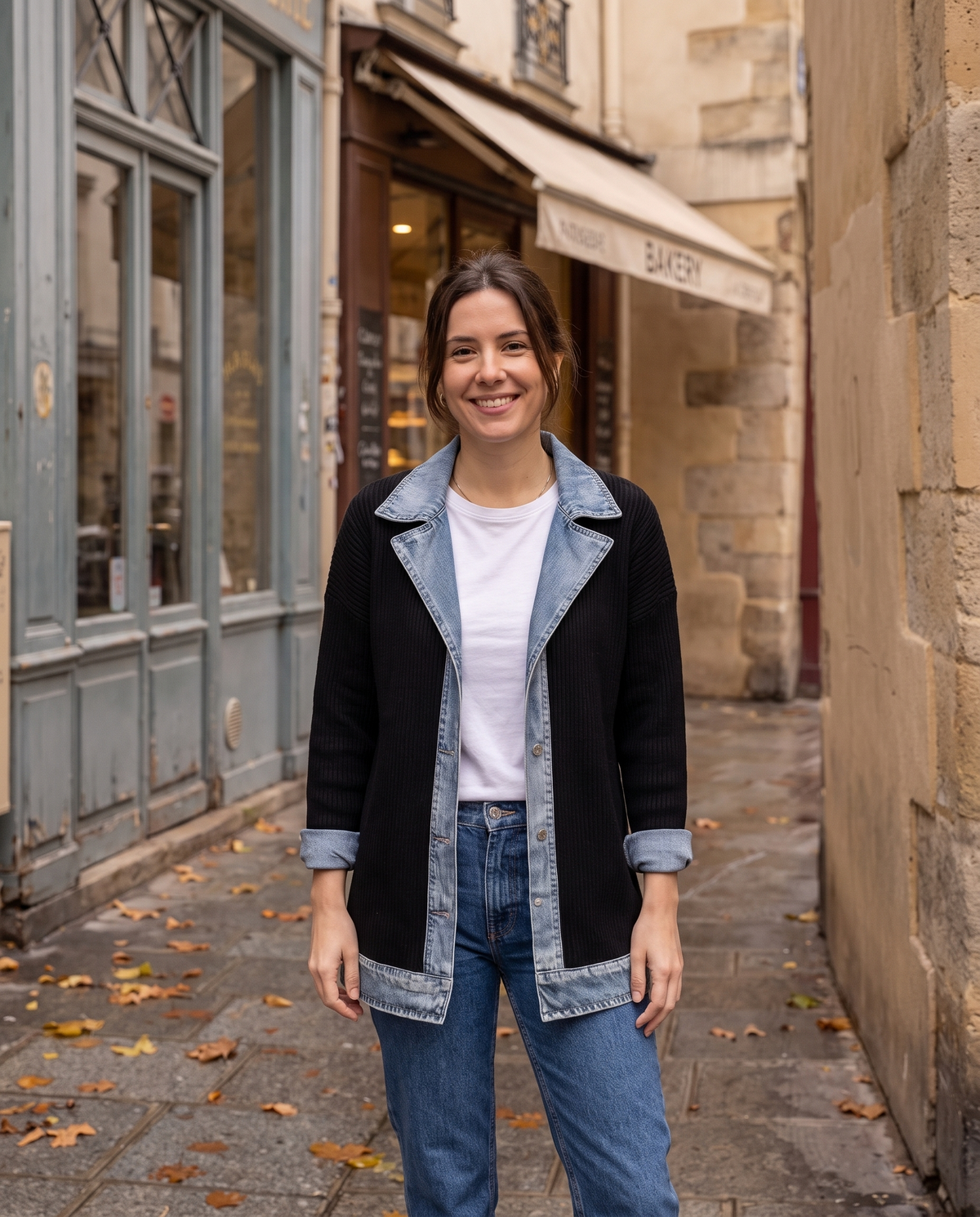 Veste blazer bi-matière denim Inès — portée, coloris Noir