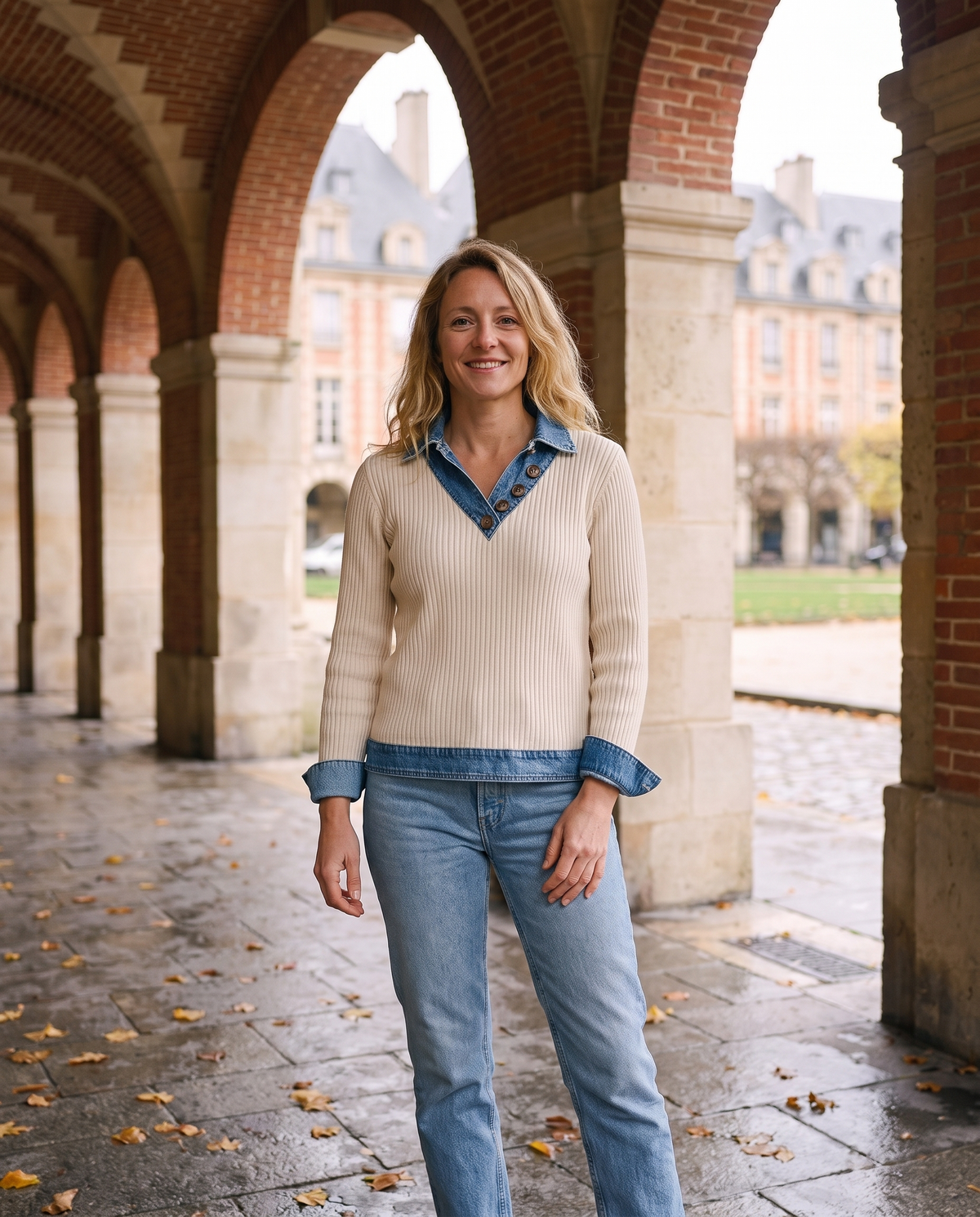 Pull col V empiècements denim Chloé — porté, coloris Blanc cassé