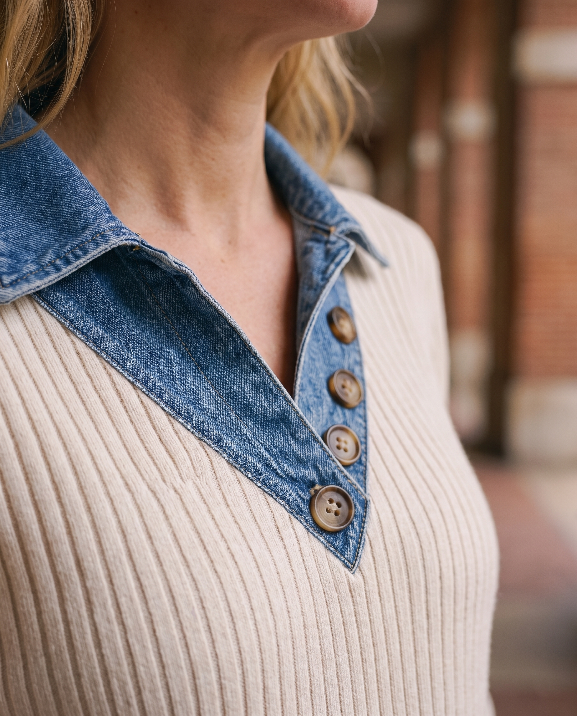 Pull col V empiècements denim Chloé — détail col chemise et boutons