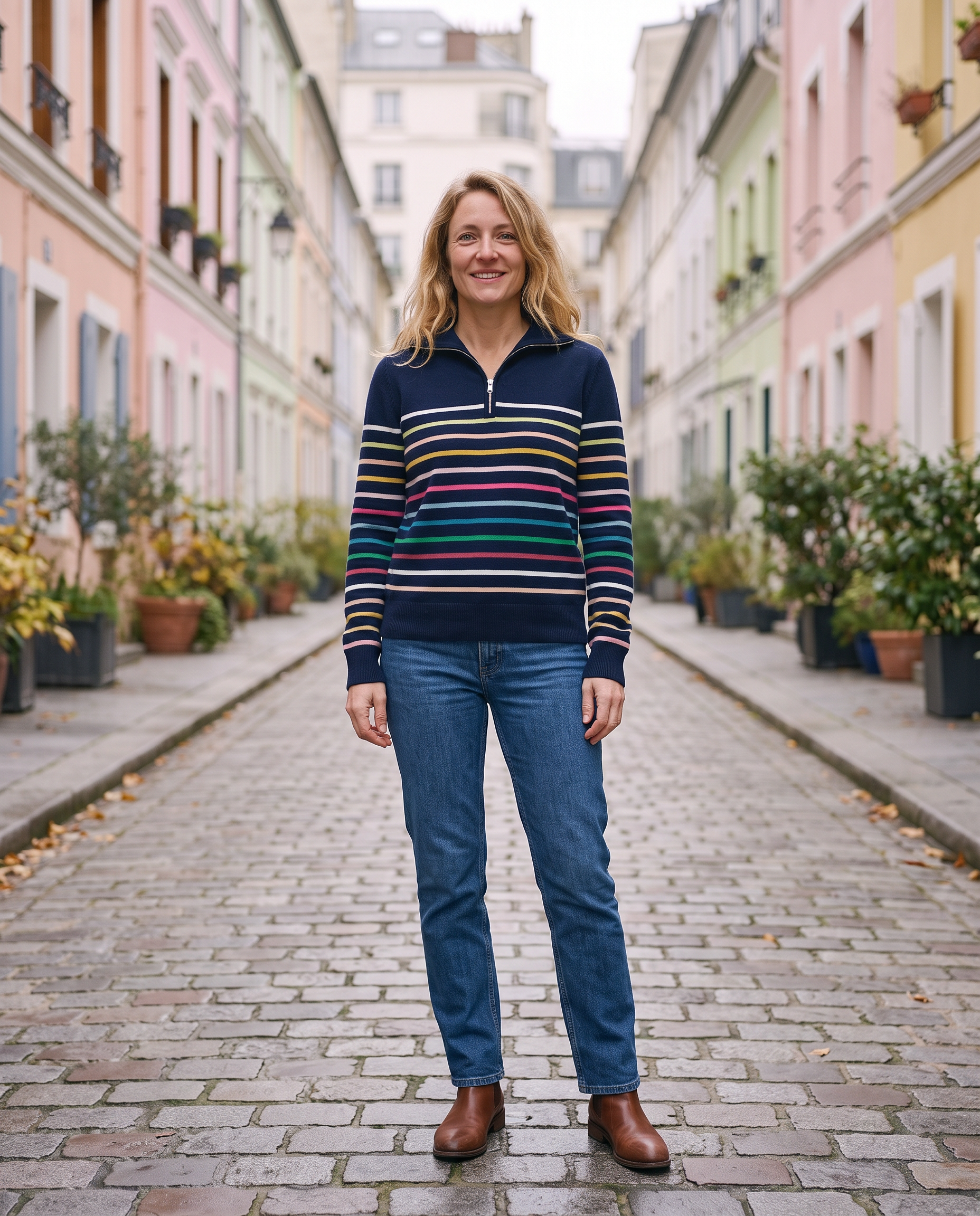 Pull demi-zip à rayures Manon — porté, coloris Rayures marine