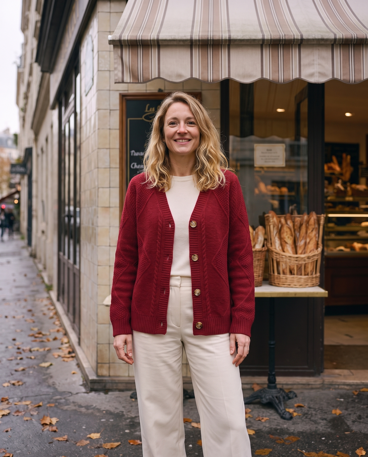 Gilet jacquard boutonné Sylvie — porté, coloris Rouge