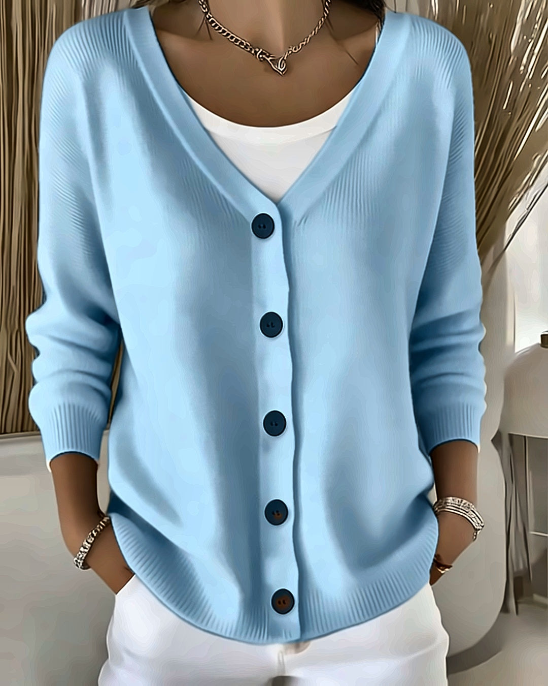 Gilet en maille col V Léa — Bleu ciel