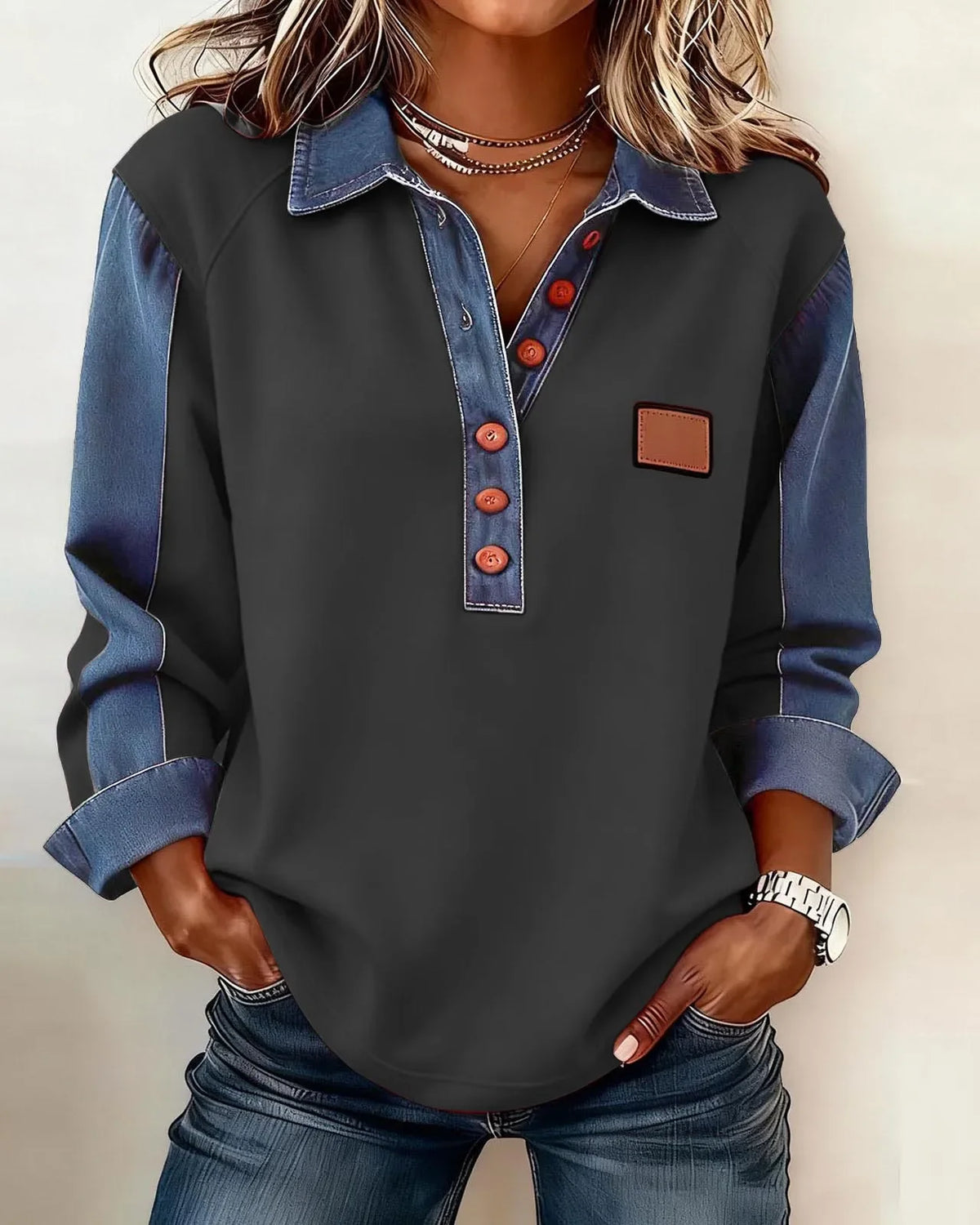 T-shirt manches longues empiècements denim Margot — Gris foncé