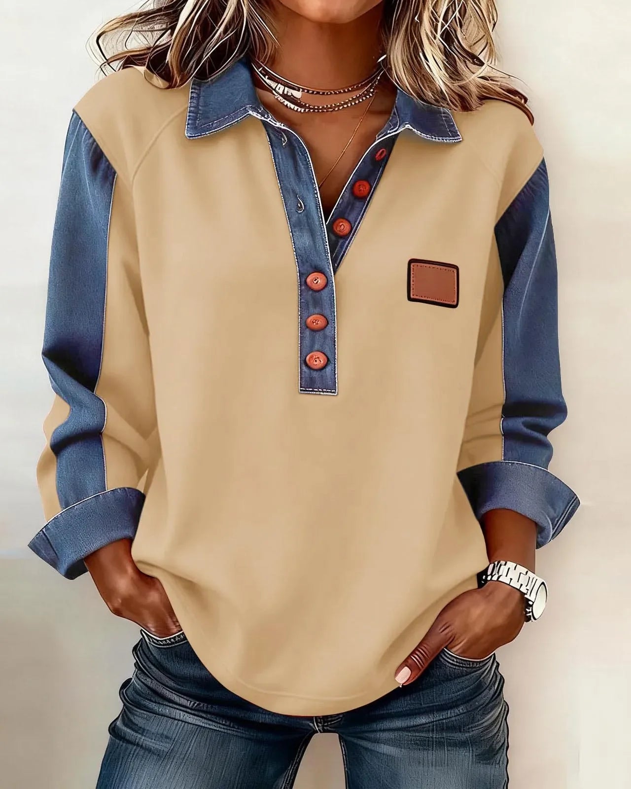 T-shirt manches longues empiècements denim Margot — Beige