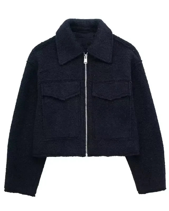 Veste courte en lainage zippée Adèle — Bleu marine