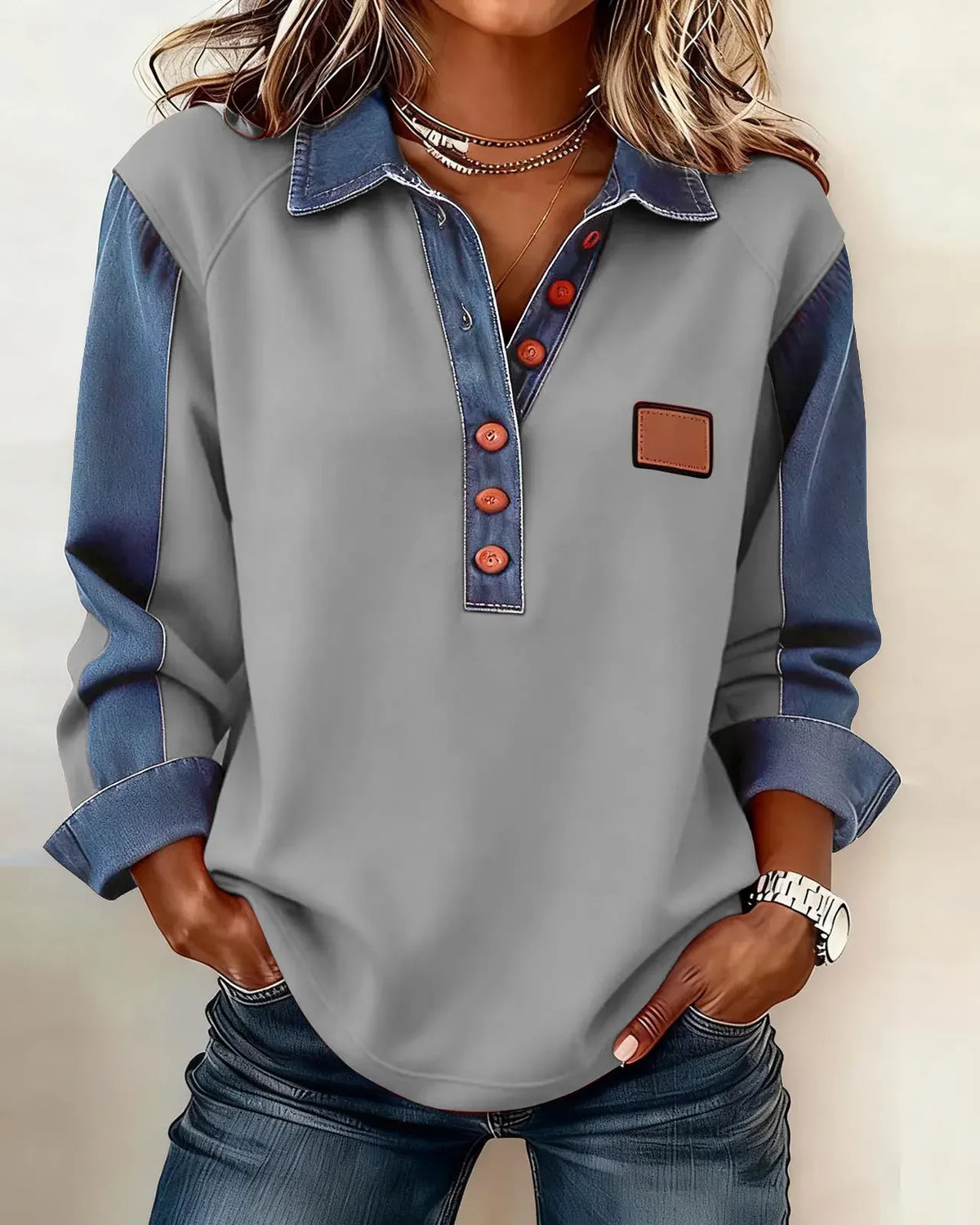 T-shirt manches longues empiècements denim Margot — Gris clair