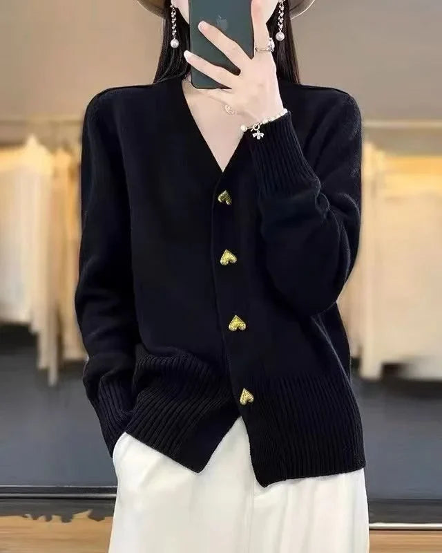 Cardigan col V boutons cœur Blanche — Noir
