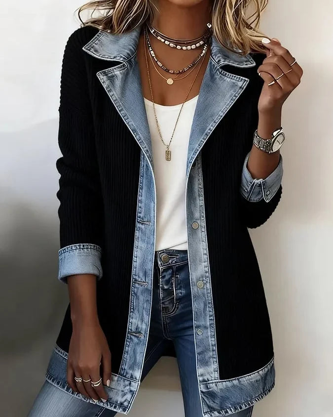 Veste blazer bi-matière denim Inès — Noir