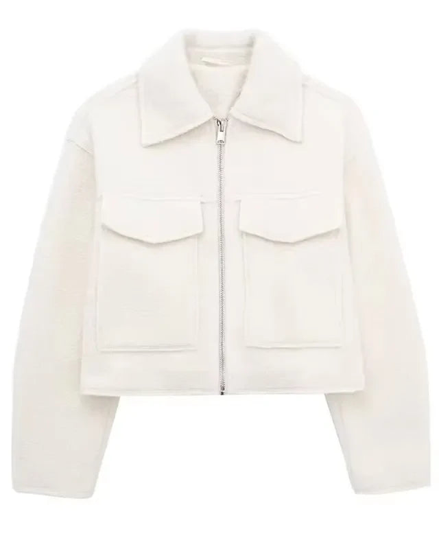 Veste courte en lainage zippée Adèle — Blanc cassé