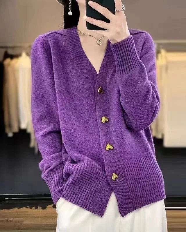 Cardigan col V boutons cœur Blanche — Violet