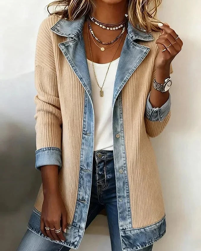 Veste blazer bi-matière denim Inès — Beige