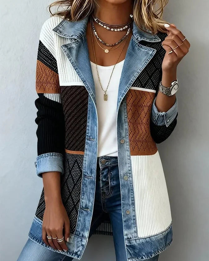 Veste blazer bi-matière denim Inès — Bleu marine