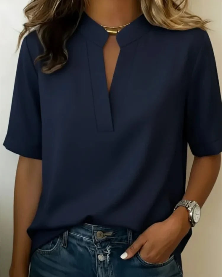 Blouse col V manches courtes Sidonie — Bleu marine