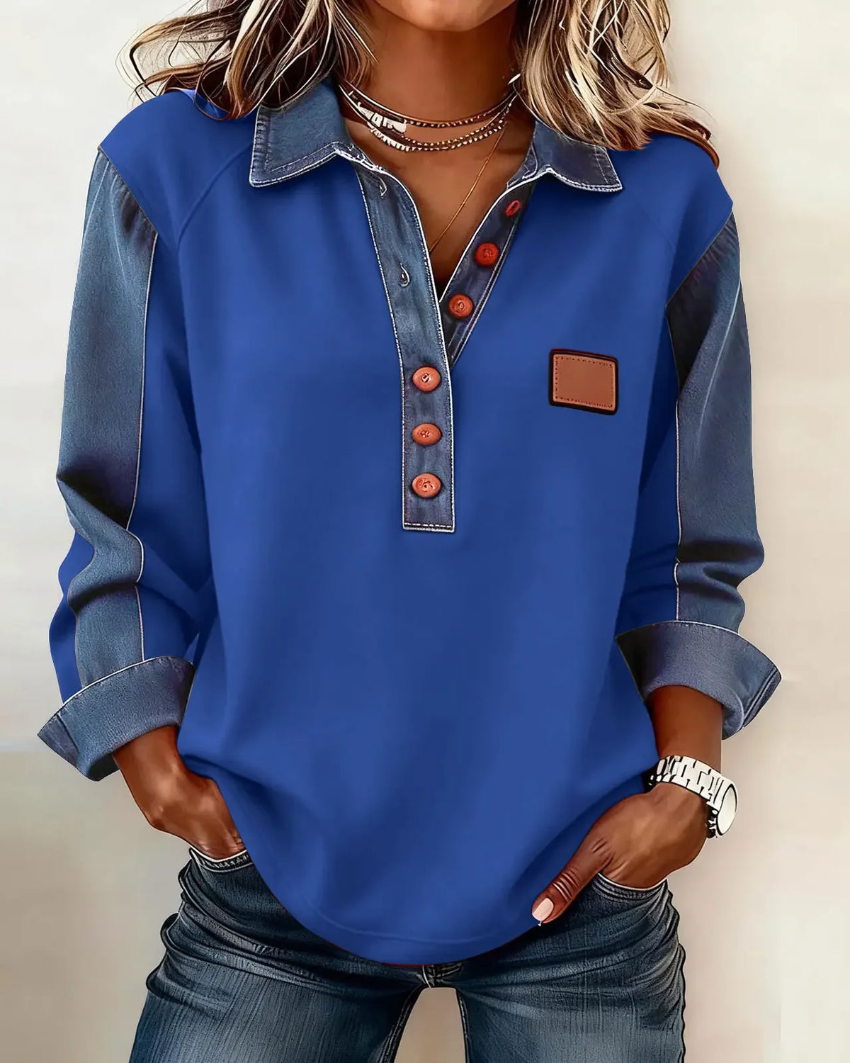 T-shirt manches longues empiècements denim Margot — Bleu roi