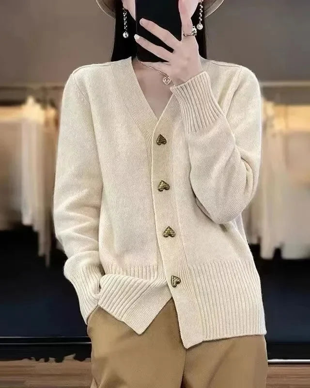 Cardigan col V boutons cœur Blanche — Blanc crème