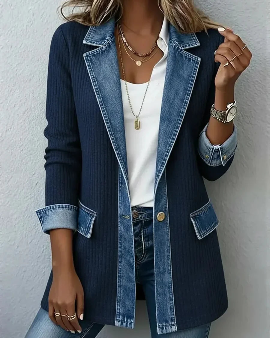 Veste blazer bi-matière denim Inès — Bleu nuit