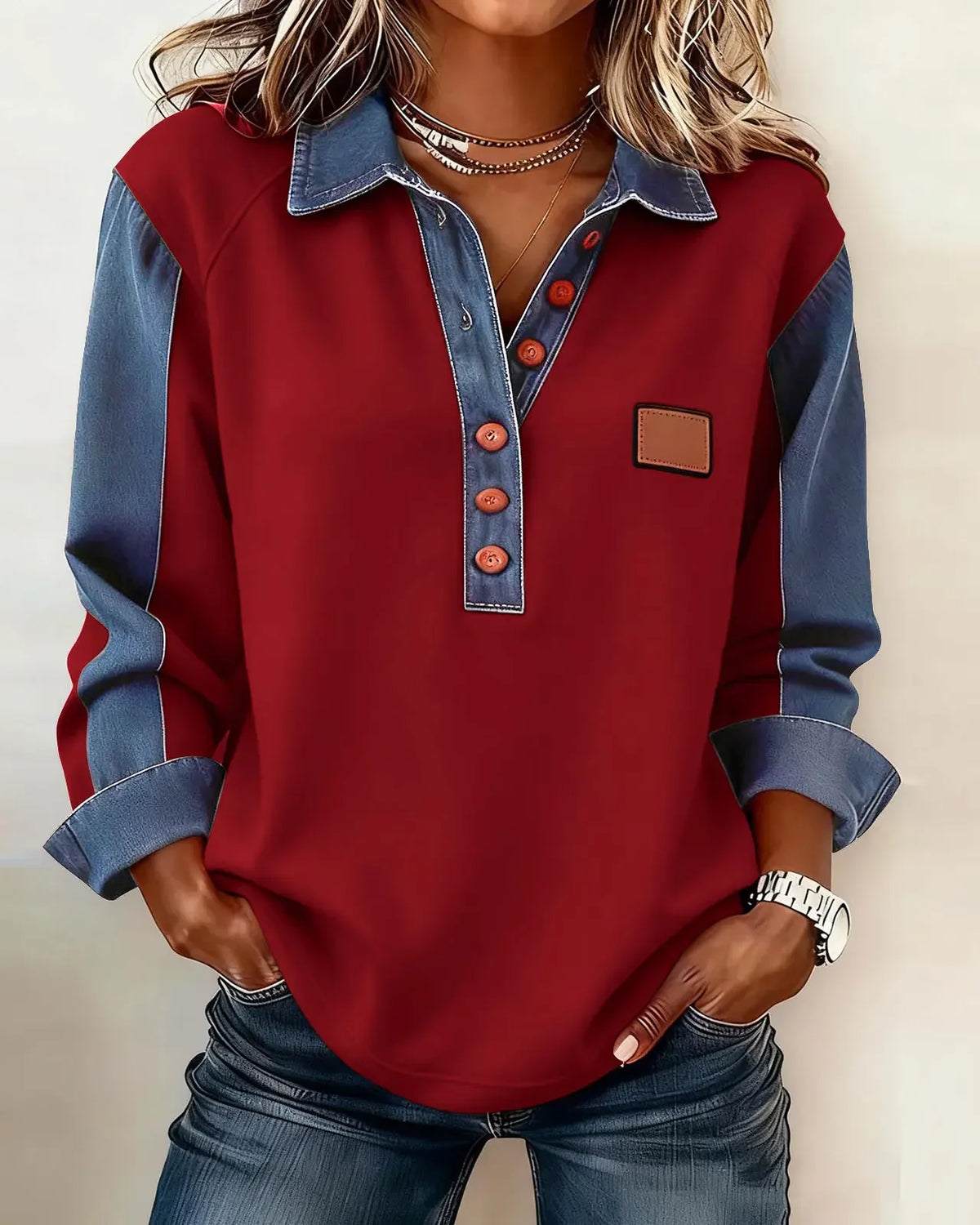 T-shirt manches longues empiècements denim Margot — Bordeaux