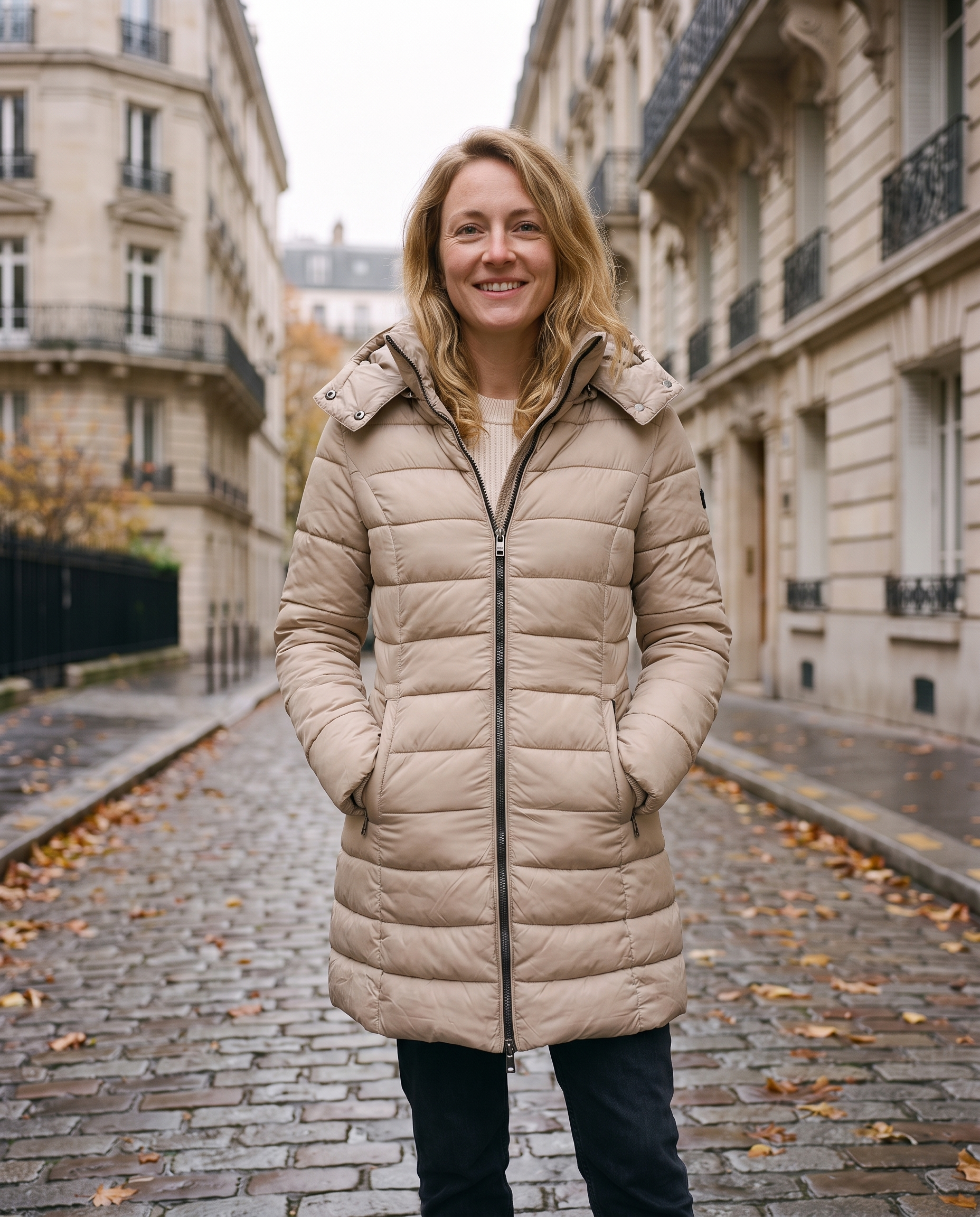 Parka matelassée à capuche Margaux — portée, coloris Kaki