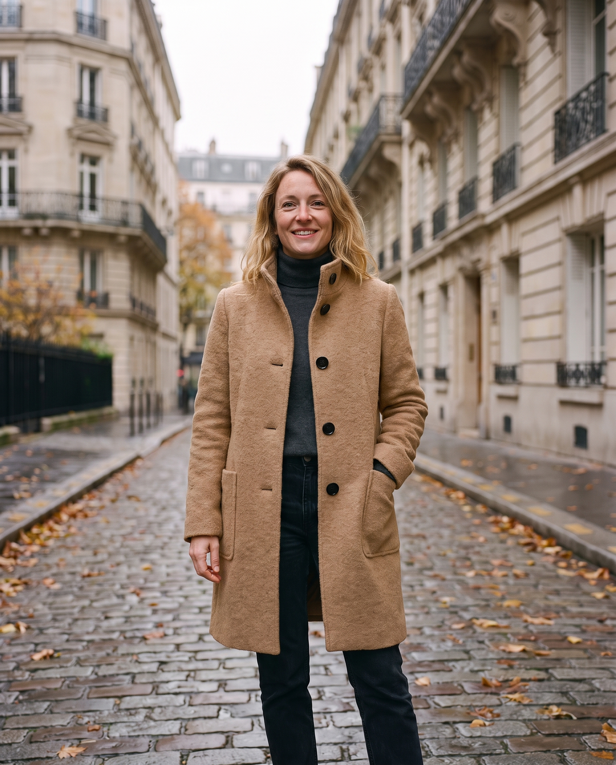 Manteau en laine bouclée Constance — porté, coloris Camel