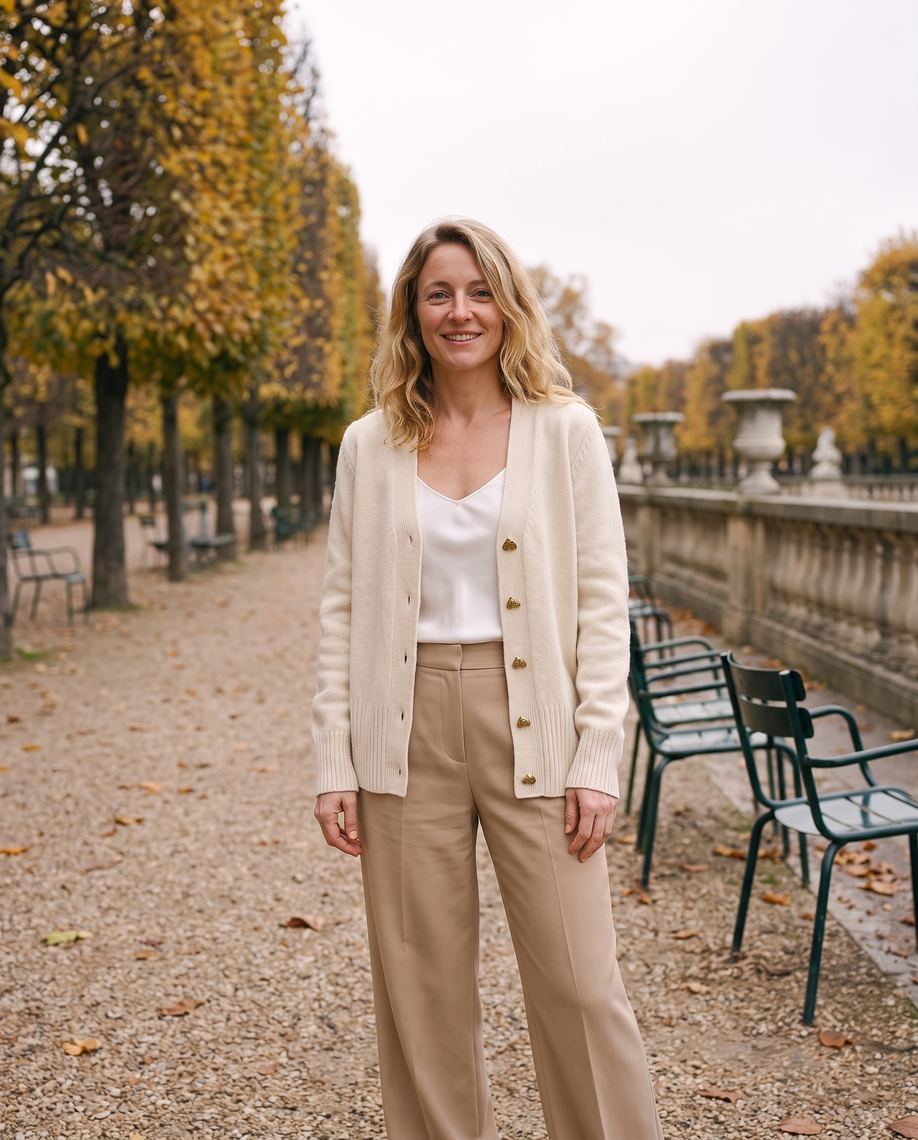 Cardigan col V boutons cœur Blanche — porté, coloris Blanc crème