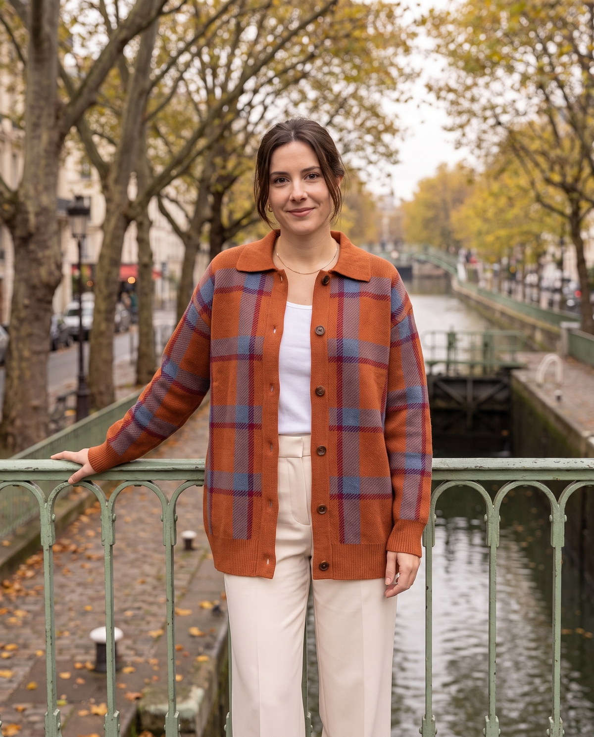 Veste-chemise en maille à carreaux Colette — portée, coloris Carreaux orange