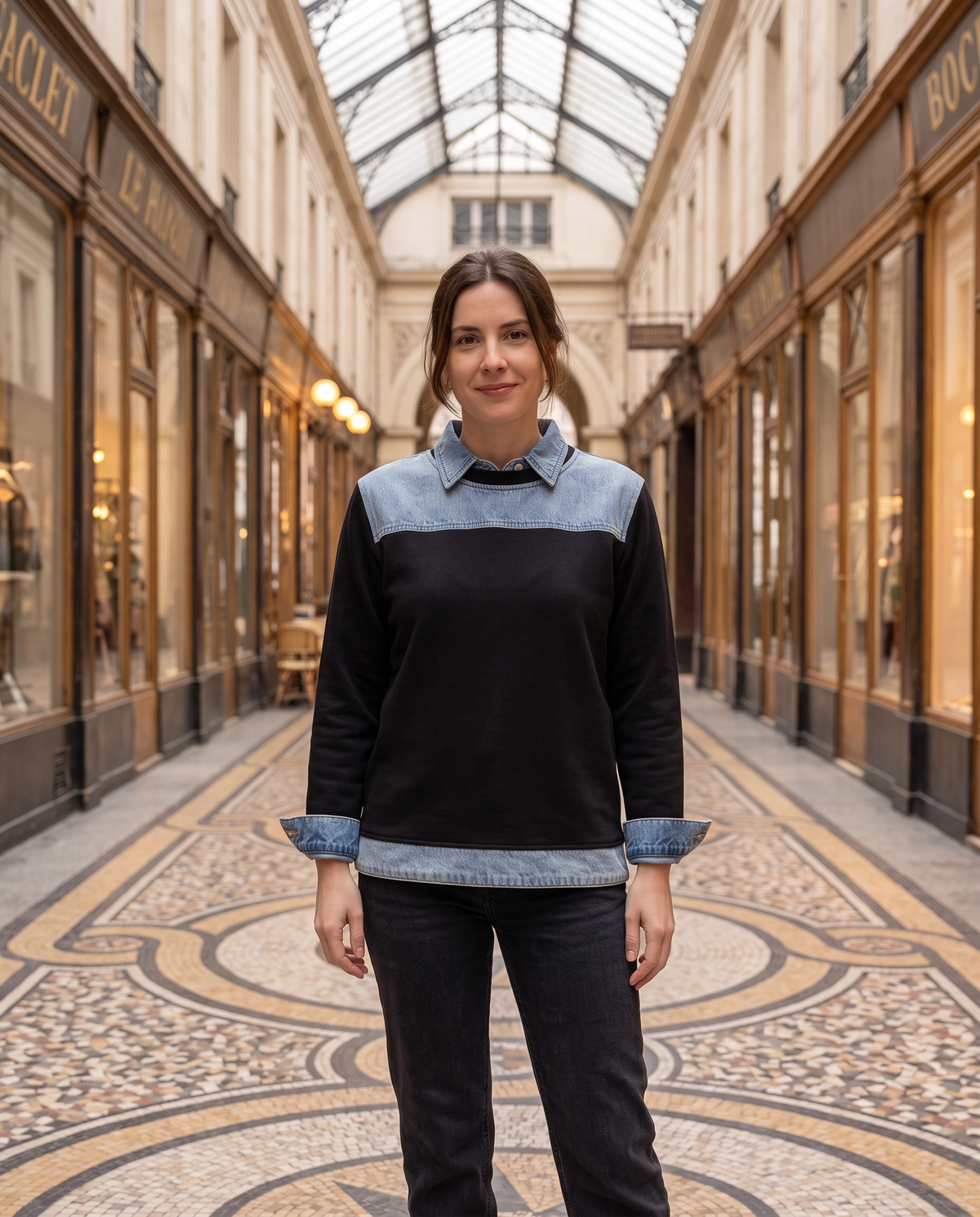 Pull épaules denim Anaïs — porté, coloris Noir