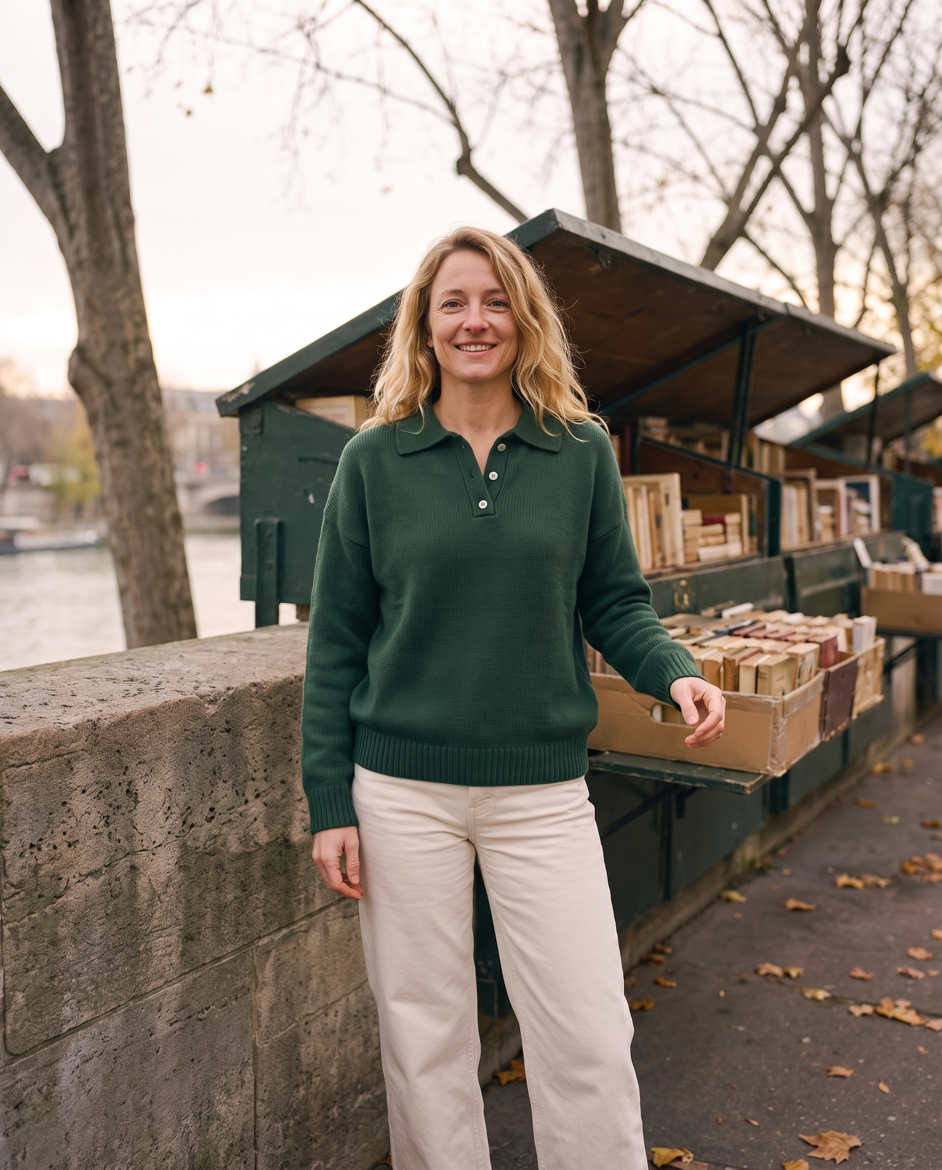 Pull polo en maille Agathe — porté, coloris Vert foncé