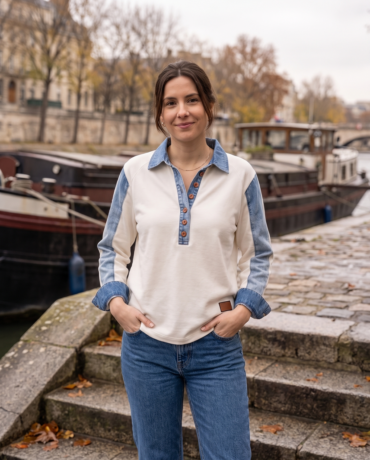 T-shirt manches longues empiècements denim Margot — porté, coloris Blanc